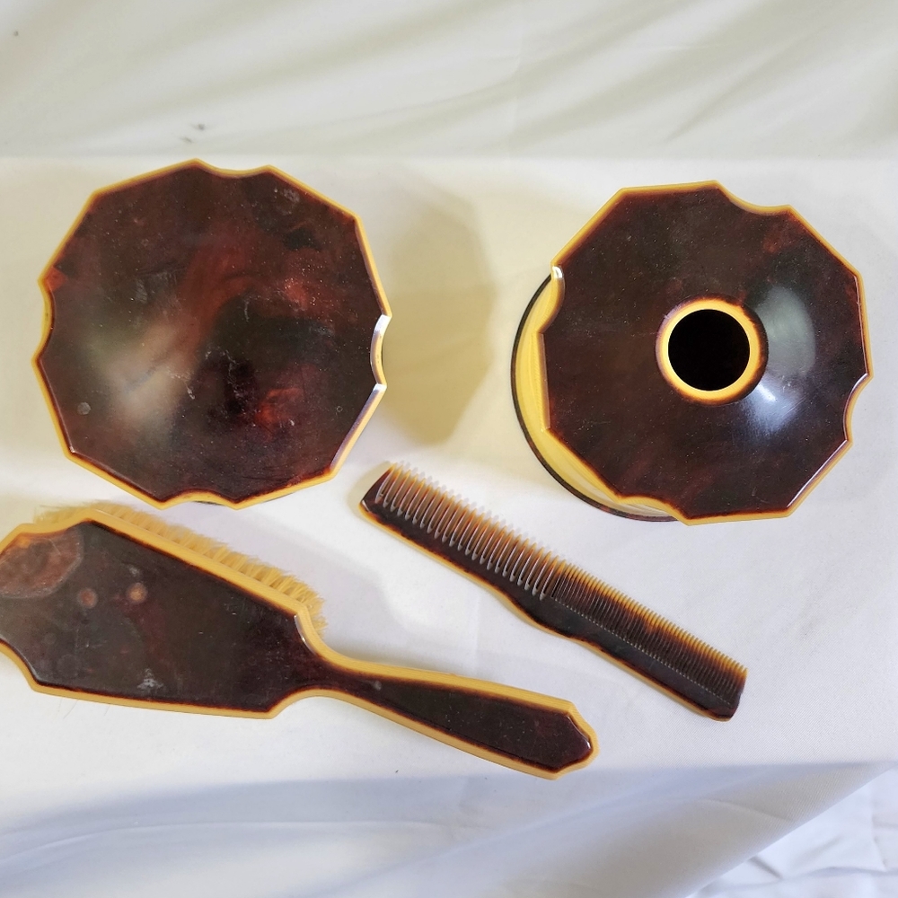 Vintage dresser set 4 piece brush comb powder holders celluloid